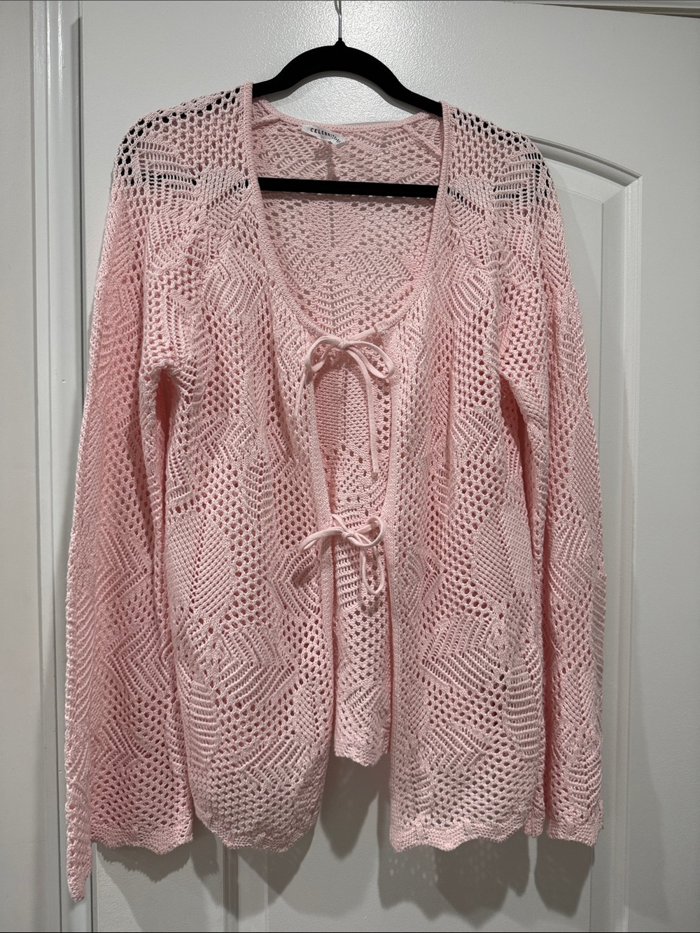 Celebrity Pink Light Pink Crochet Tie-Front Cardigan